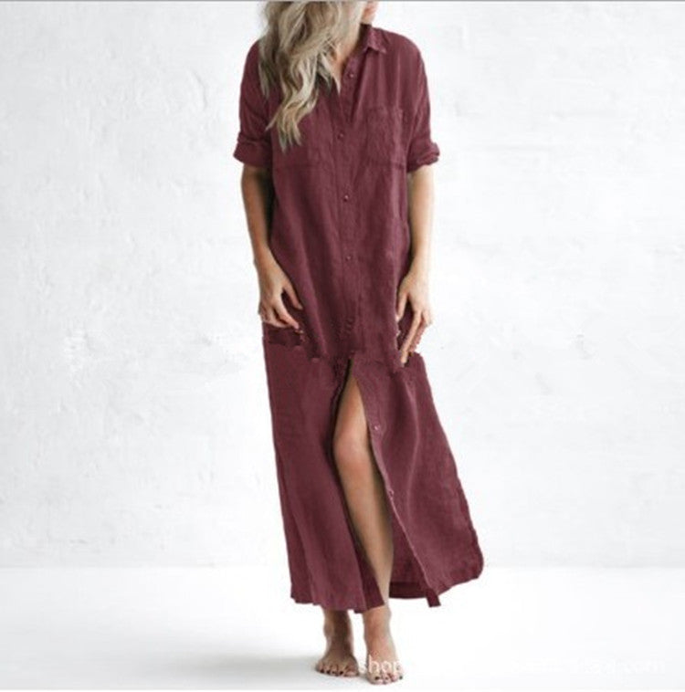 [W-Ropa] Vestido Camisero De Cintura Alta De Lino Hotouch