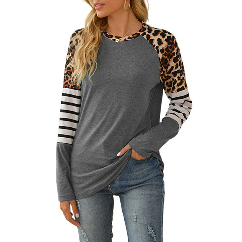 Camiseta Casual Ajustada De Manga Larga Con Cuello Redondo Y Costuras En Color Contrastante Mujer