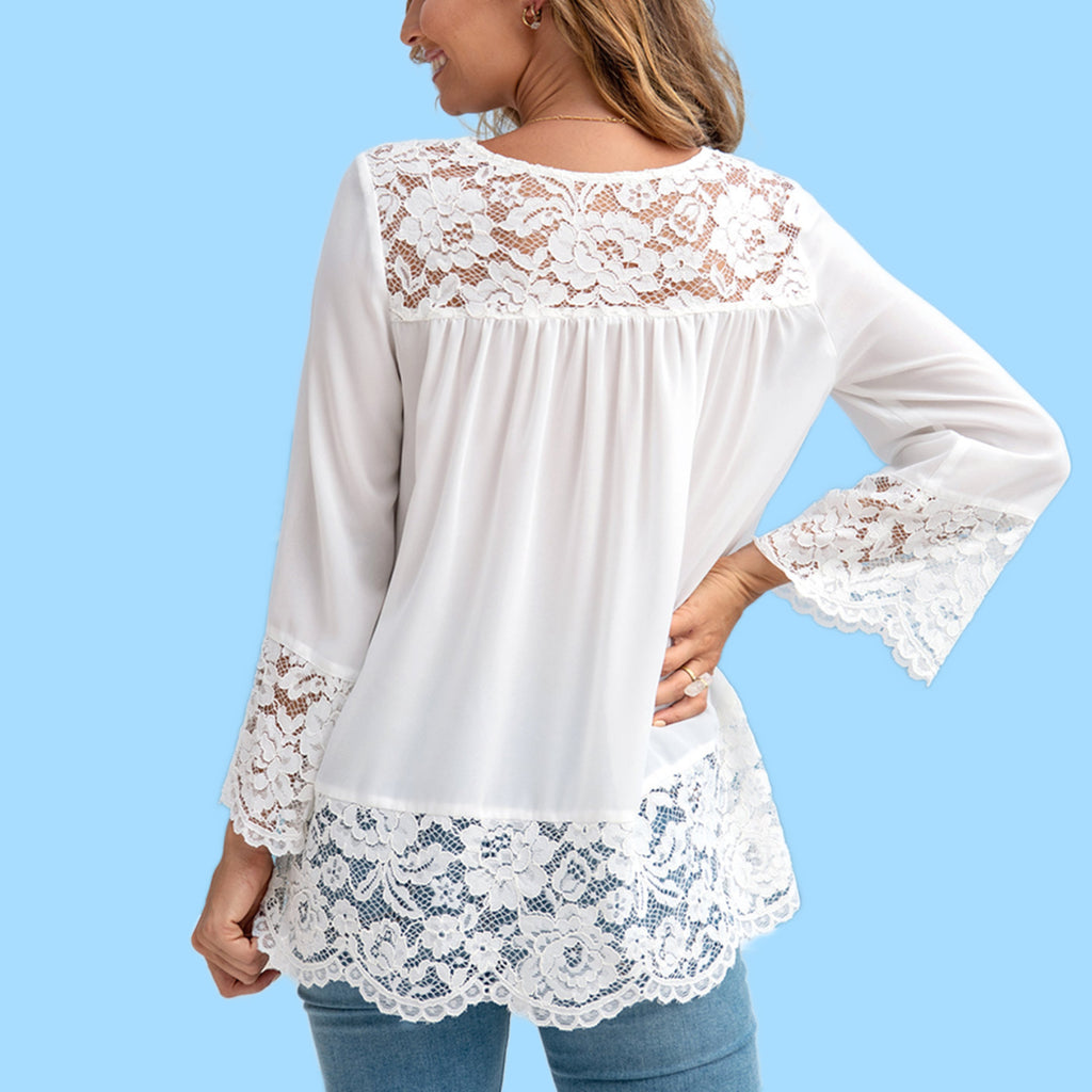 [W-Ropa] Camisa De Encaje Jersey Color Sólido Volantes Camisa Blanca Top De Mujer