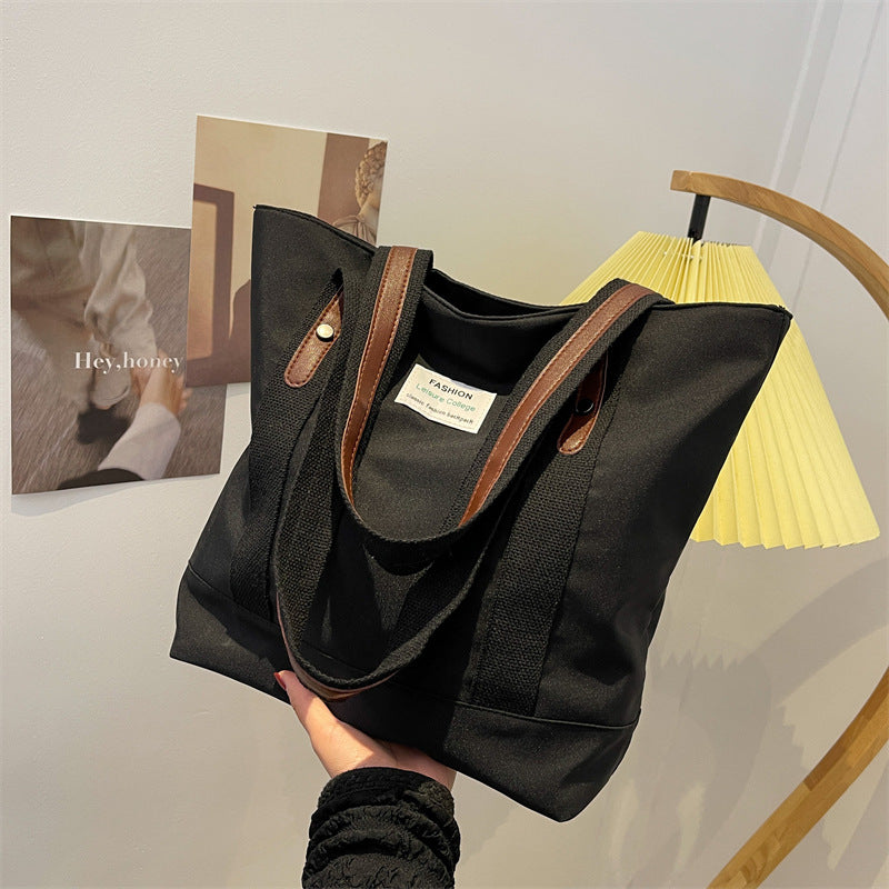[W-Bolso] Bolso De Mujer De Lona Literaria, Bolso De Compras Portátil De Color De Contraste Informal Simple