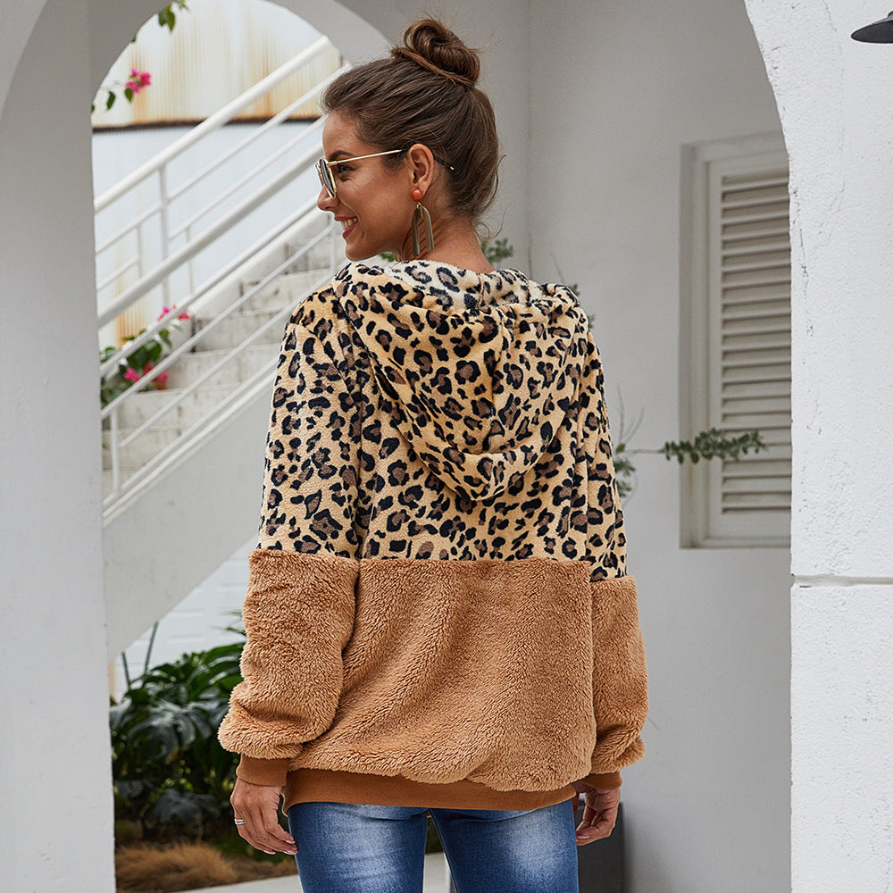 Chaqueta De Moda Con Cremallera Con Capucha Y Estampado De Leopardo