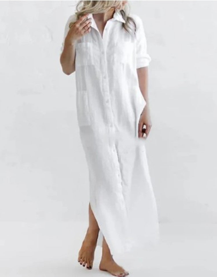 [W-Ropa] Vestido Camisero De Cintura Alta De Lino Hotouch