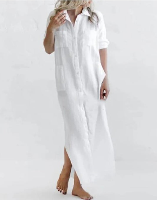 [W-Ropa] Vestido Camisero De Cintura Alta De Lino Hotouch