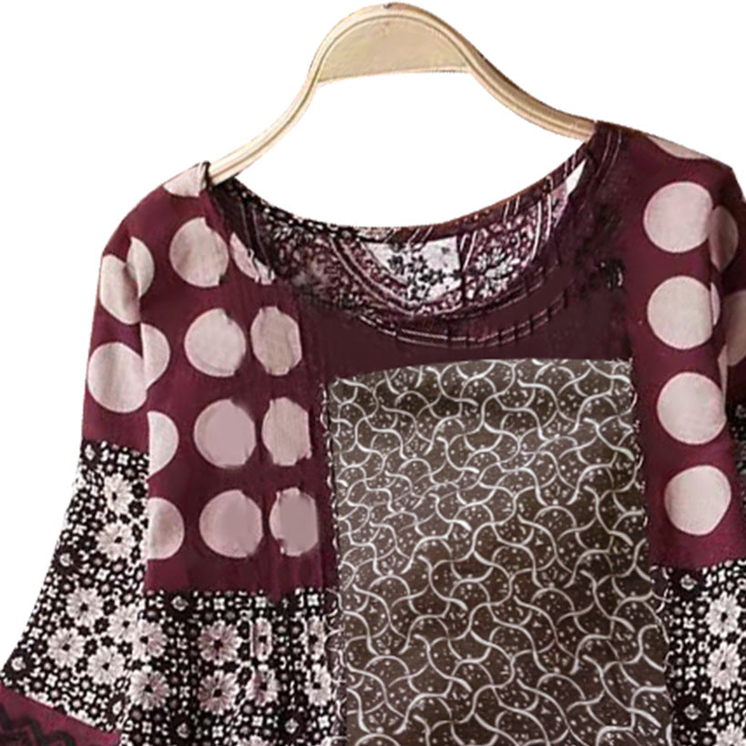 [W-Ropa] Temperament Commuter Mujer Verano Rojo Estampado Jersey Cuello Redondo Manga Tres Cuartos Camisa De Algodón