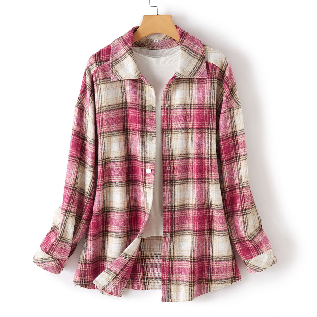 [W-Ropa] 2022 Top Suelto Casual Camisa De Manga Larga Abrigo A Cuadros Mujeres