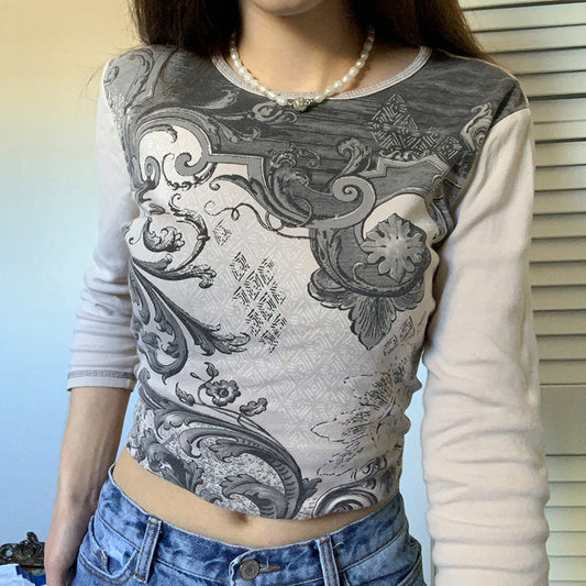 Camiseta Corta De Ombligo Fino Con Cuello Redondo Y Estampado Retro