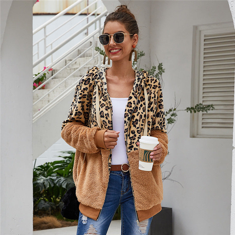 Chaqueta De Moda Con Cremallera Con Capucha Y Estampado De Leopardo
