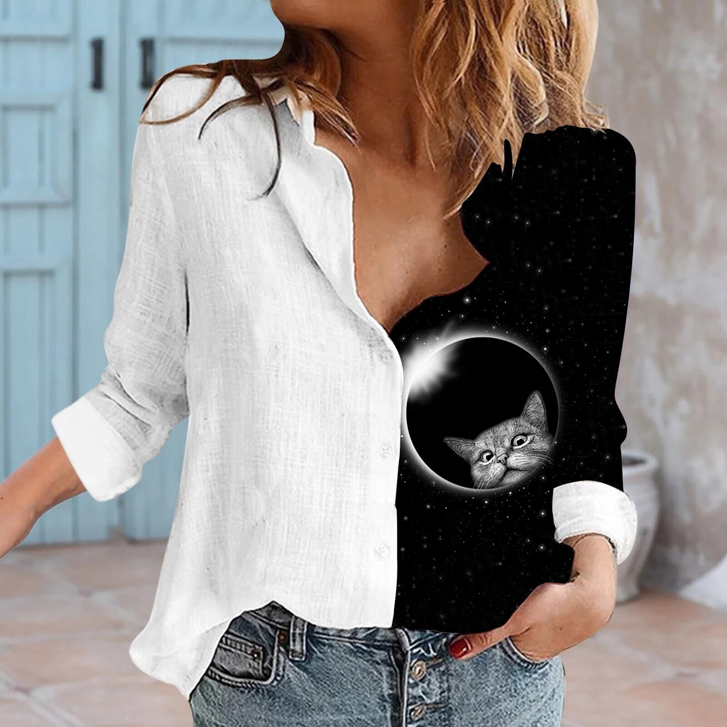 Camiseta Casual Estampada De Manga Larga Con Botonadura Sencilla