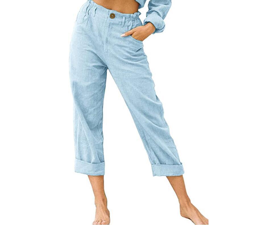 [W-Ropa] Nuevos Pantalones Casuales De Cintura Alta Sueltos De Moda De Lino Y Algodón De Color Sólido Para Mujer