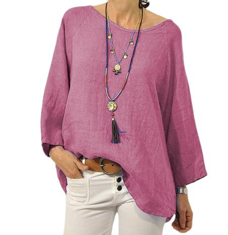 [W-Ropa] 2022 Camisa De Algodón Y Lino De Color Sólido Con Cuello Redondo Y Mangas De Nueve Cuartos Para Mujer