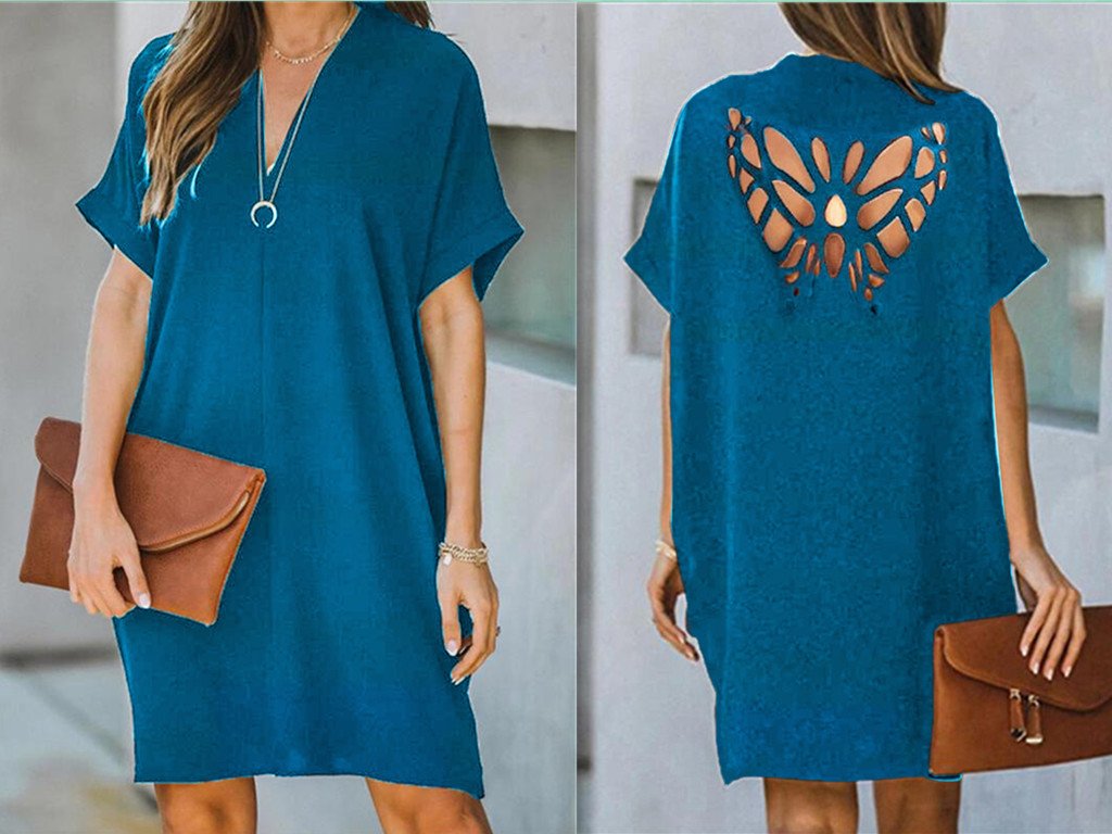 Verano nuevo vestido suelto de color sólido hueco de mariposa