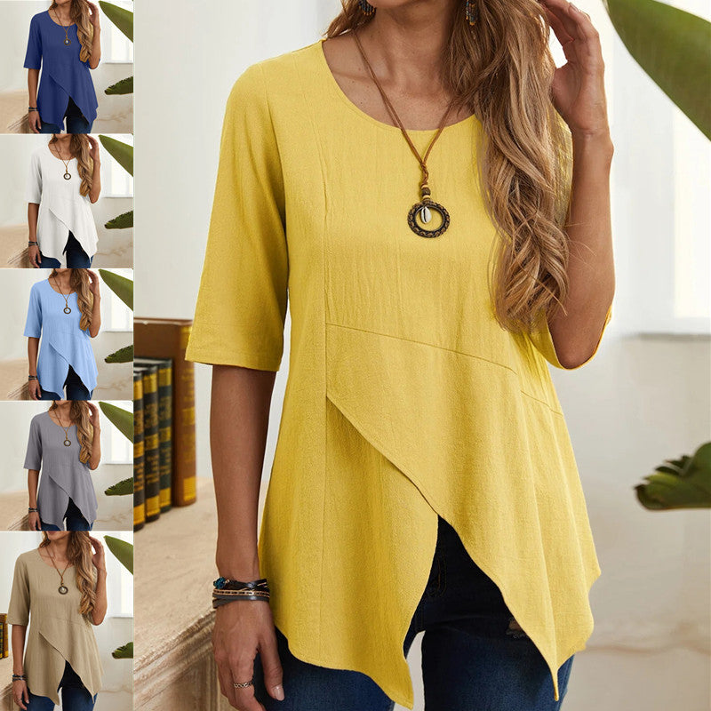 [W-Ropa] Camiseta De Algodón Y Cáñamo De Manga Media Con Cuello Redondo