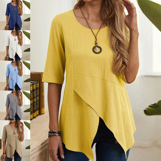 [W-Ropa] Camiseta De Algodón Y Cáñamo De Manga Media Con Cuello Redondo