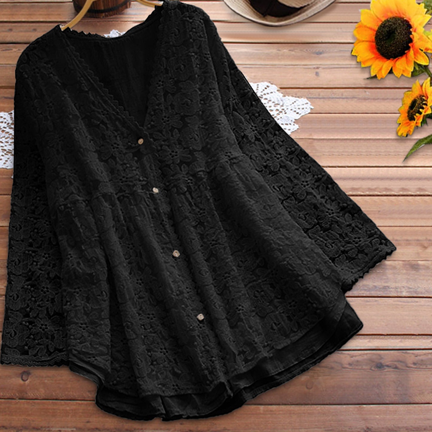 [W-Ropa] Camisa De Encaje De Talla Grande Camisa Hueca De Ganchillo Camisa Suelta