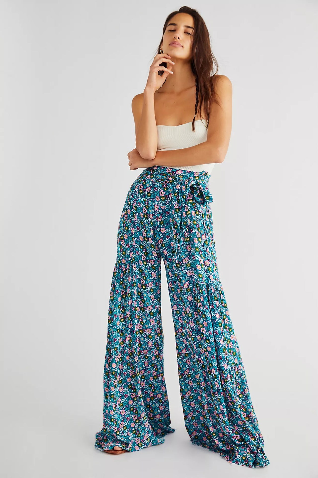 [W-Ropa] Pantalones Casuales Sueltos Pantalones De Pierna Ancha De Playa Pantalones Con Correa
