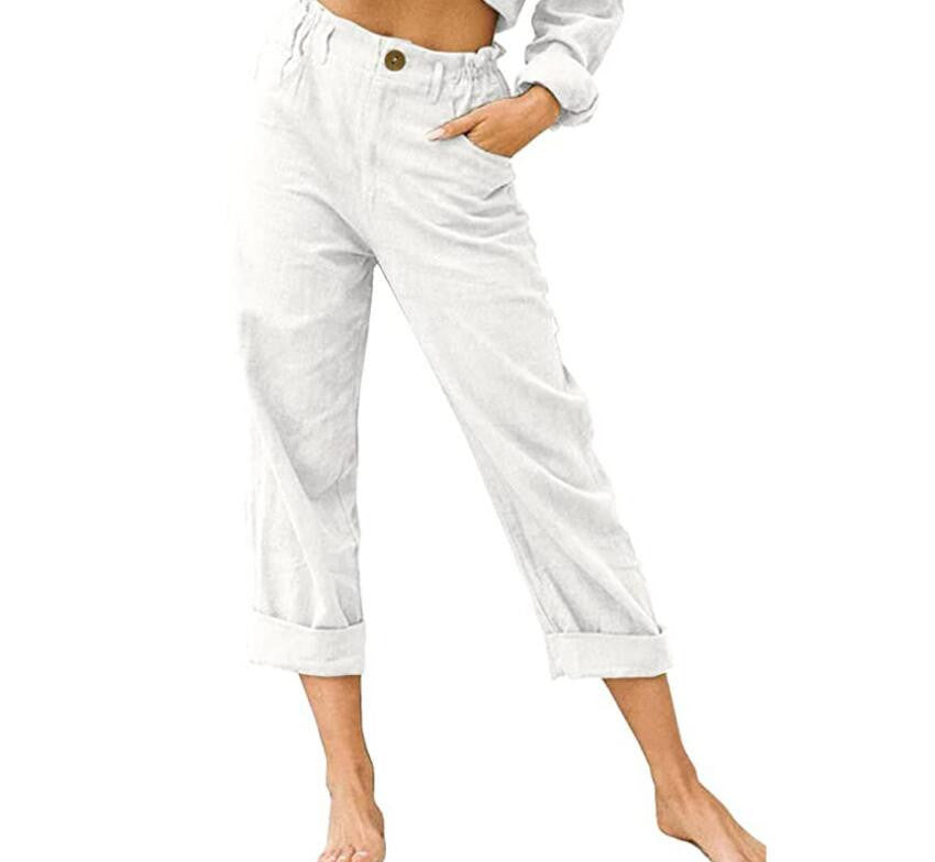 [W-Ropa] Nuevos Pantalones Casuales De Cintura Alta Sueltos De Moda De Lino Y Algodón De Color Sólido Para Mujer