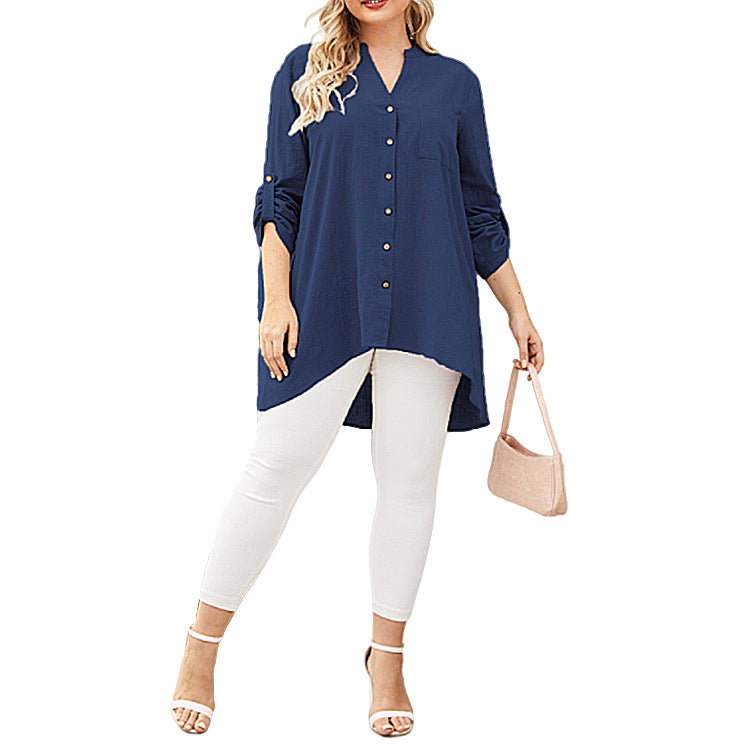 [W-Ropa] Camisa Con Cuello En V De Talla Grande Nueva Moda Casual Estampado De Manga Larga