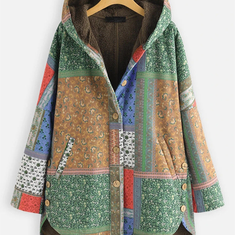 Chaqueta Acolchada De Estilo étnico Con Capucha Suelta Y Talla Grande Más Grueso De Terciopelo Para Mujer