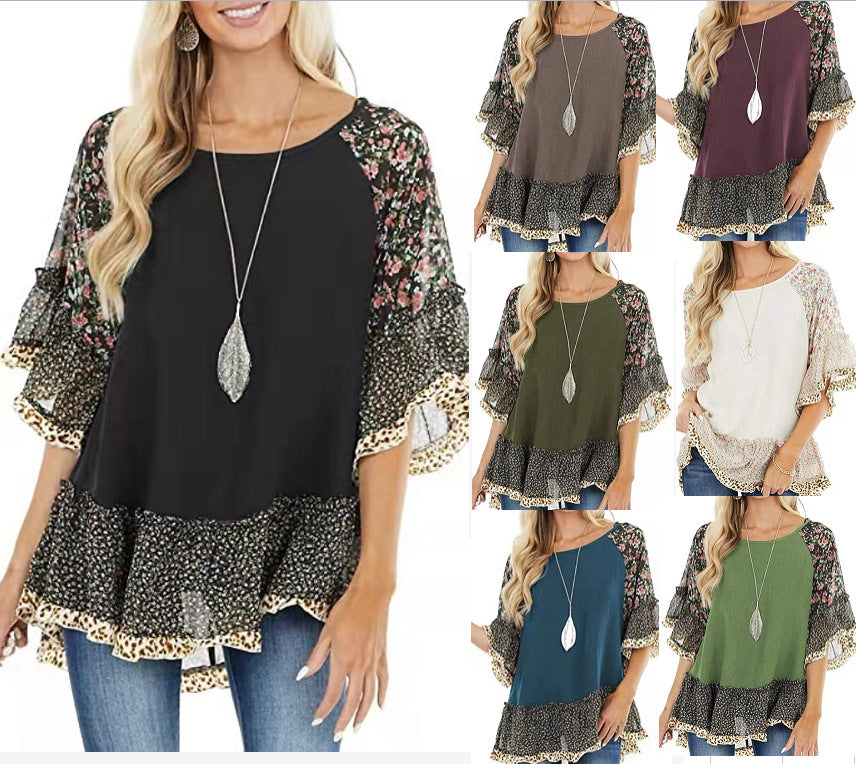 [W-Ropa] Mangas Medias Con Estampado Floral De Leopardo Colorblock