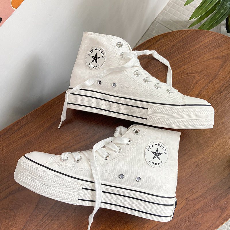 [W-Zapato] 2022 Versión Coreana De Cómodos Zapatos De Mujer De Suela Gruesa De Caña Alta De Lona INS Que Combina Con Todo