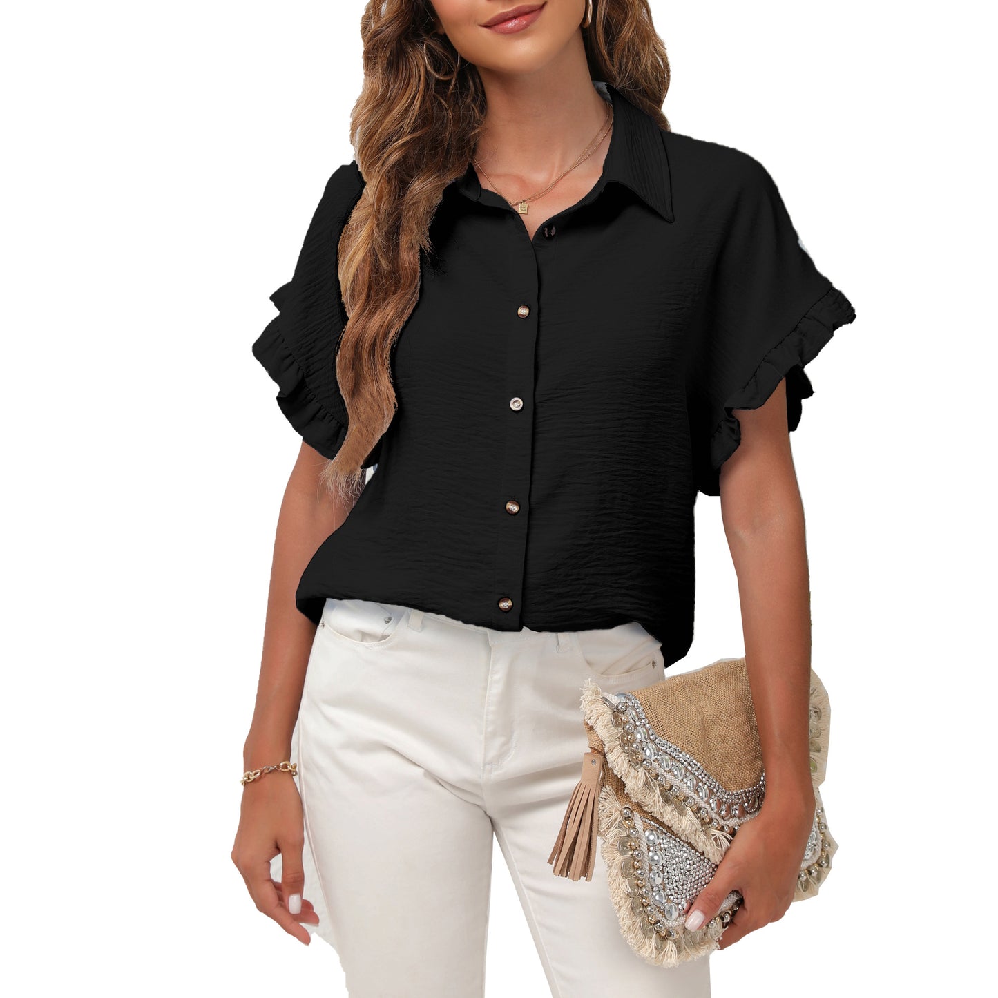 [W-Ropa] 2022 Verano Nueva Camisa Versátil De Solapa De Color Sólido