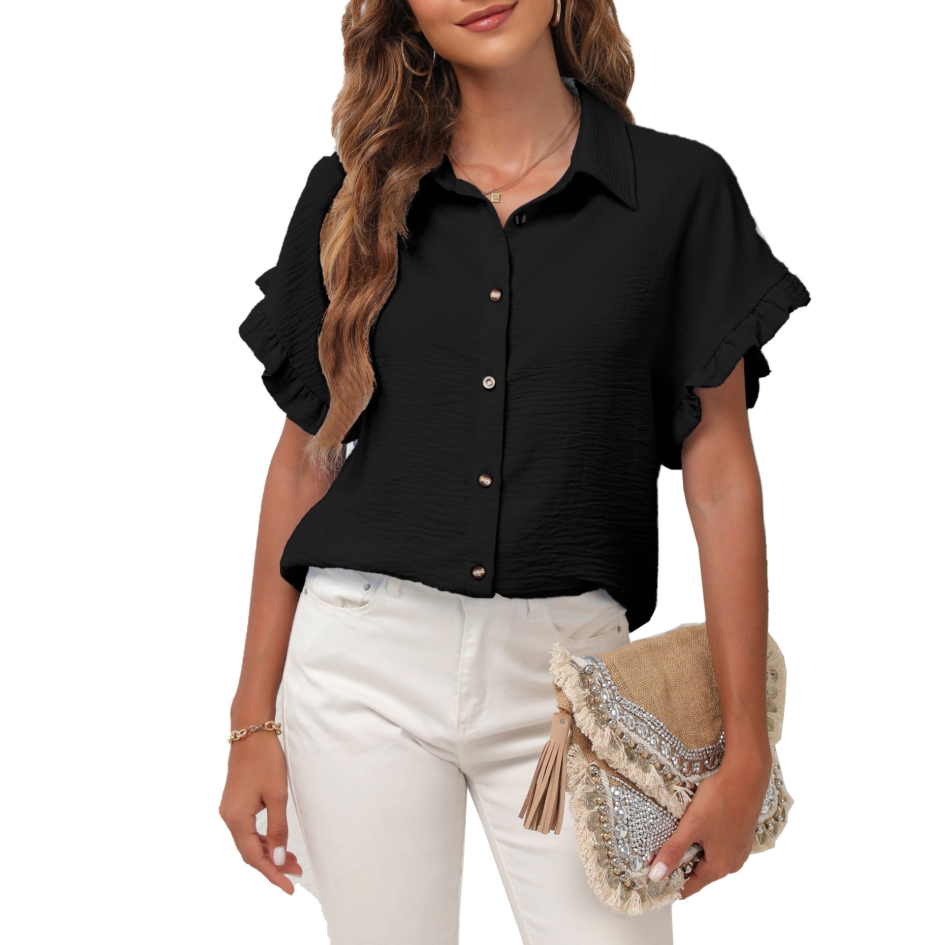 [W-Ropa] Camisa De Gasa De Manga Corta Para Mujer, Nueva Camisa Versátil Con Solapa De Color Sólido