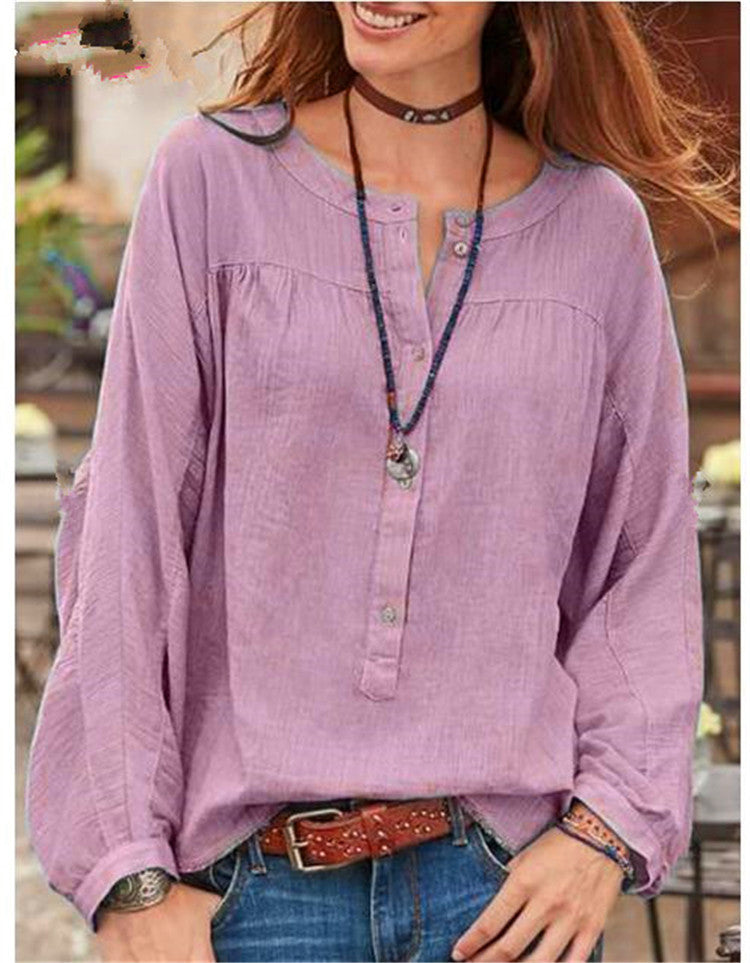 Blusa De Mujer Europea Y Americana, Color Sólido, Manga Larga, Tubo Abierto, Cuello Redondo, Camisa