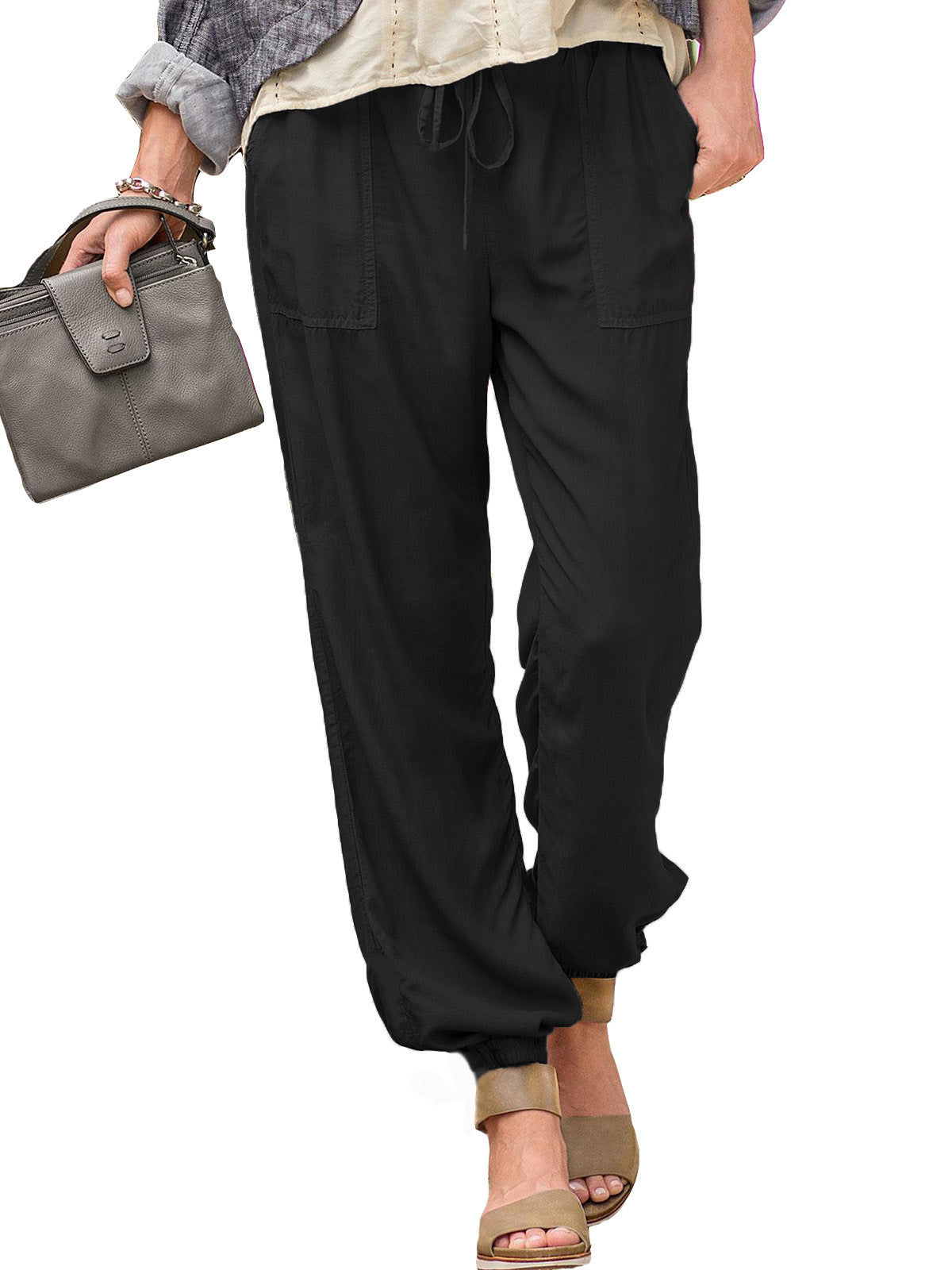 Pantalones De Bolsillo Elásticos Con Cordón De Color Liso