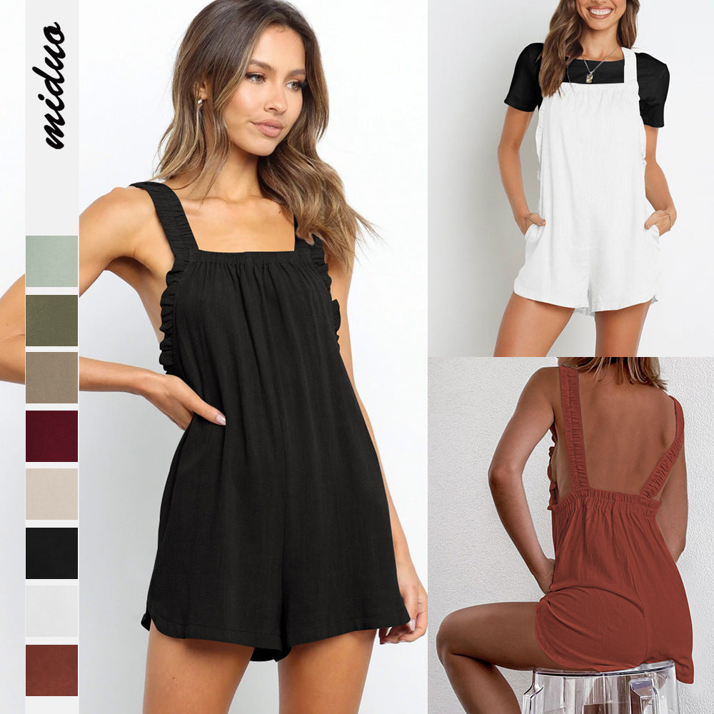 [W-Ropa] Mono De Encaje Con Correa Casual Para Mujer De Color Sólido Con Espalda Abierta Sexy