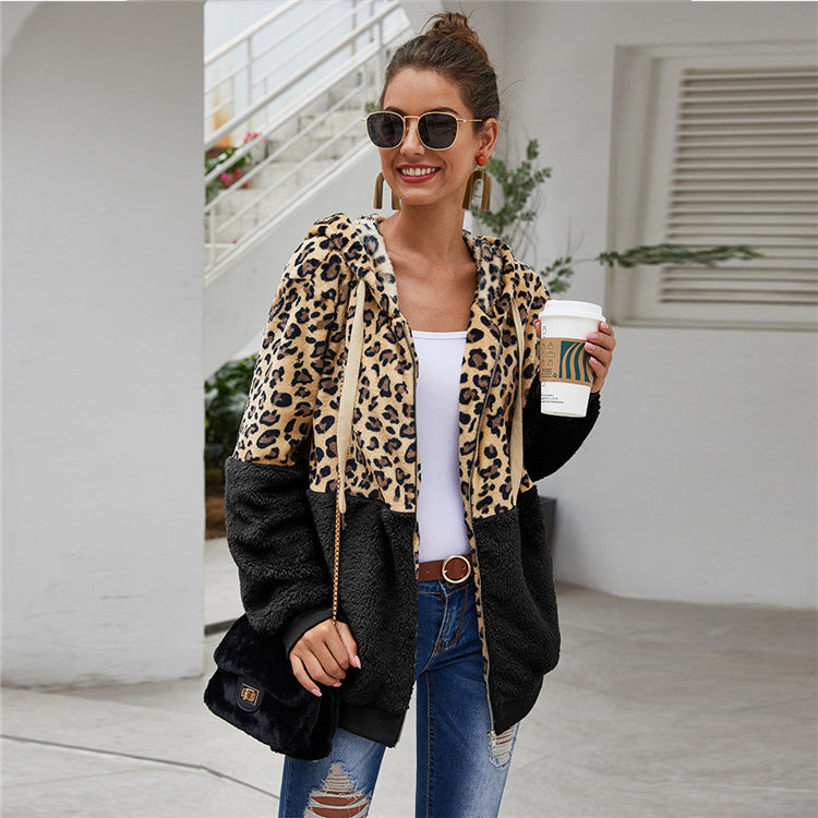 Chaqueta De Moda Con Cremallera Con Capucha Y Estampado De Leopardo