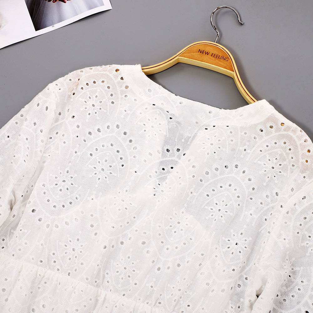 [W-Ropa] La Nueva Falda De Manga Tres Cuartos De Verano Es Fresca Y Dulce Con Bordado Hueco