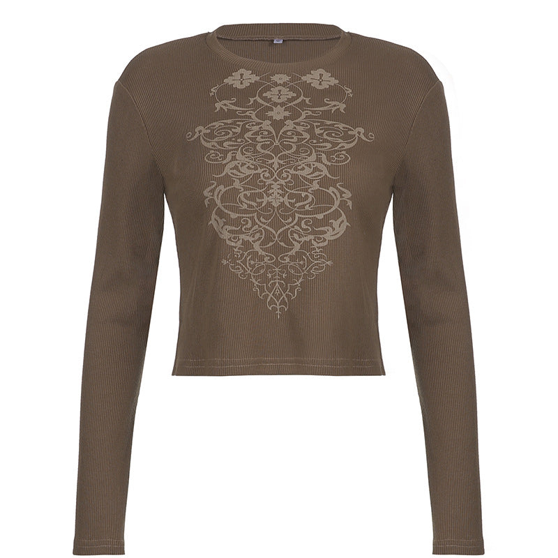 Camiseta Slim De Manga Larga Estampada Con Cuello Redondo