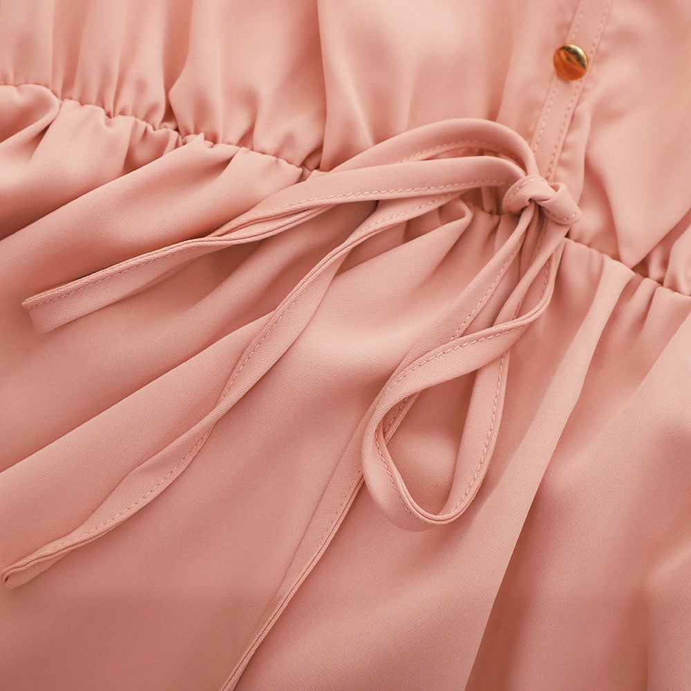 [W-Ropa] 2022 Vestido Con Cordones En La Cintura Vestido De Jersey Con Cuello En V Para Mujer