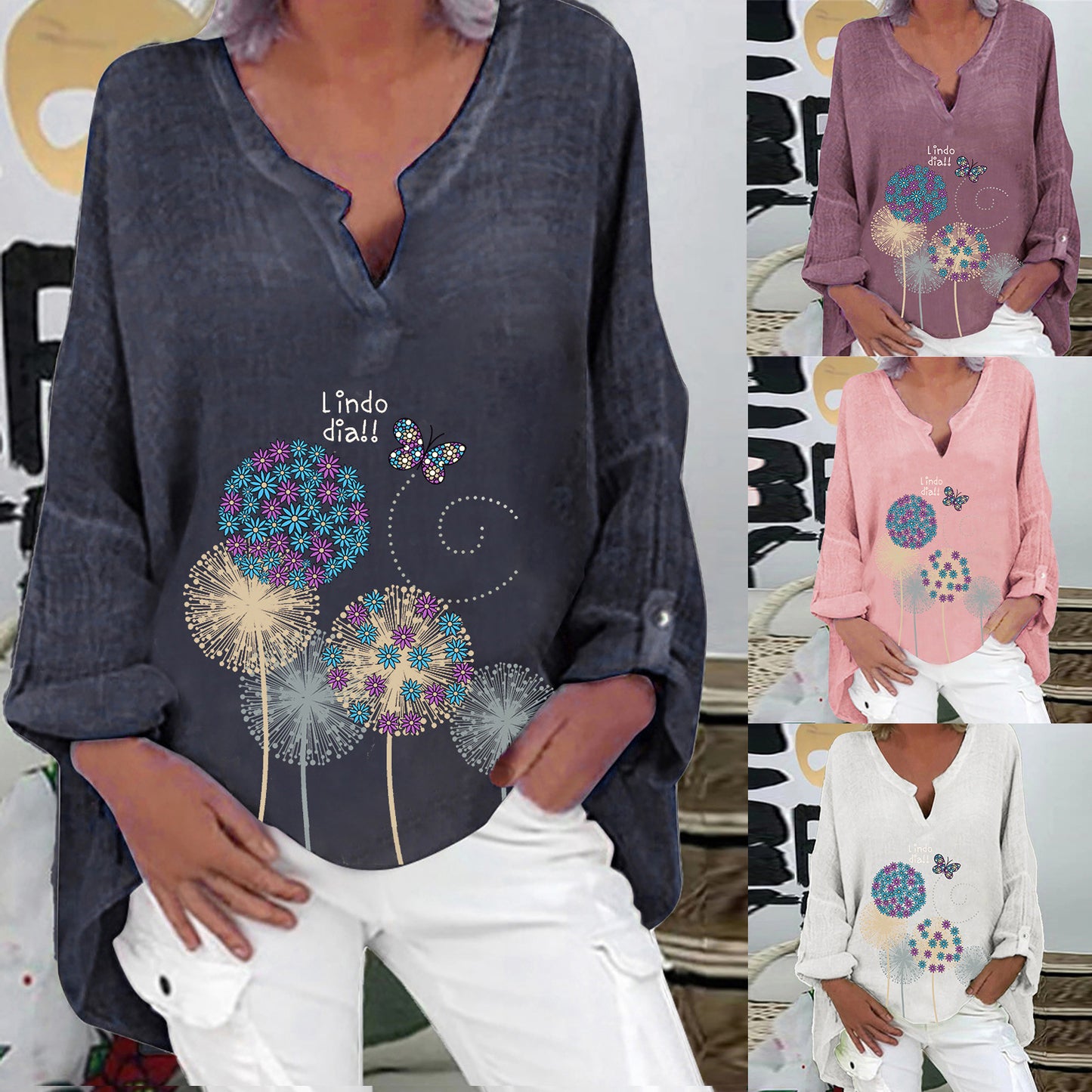 [W-Ropa] 2022 Primavera Casual Urban Casual Mujer Algodón Cuello En V Camisa De Talla Grande