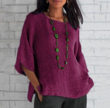 [W-Ropa] Top Camisero De Algodón Y Lino Con Cuello Redondo Y Manga Tres Cuartos 2022