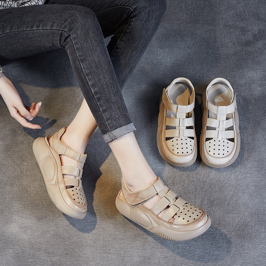 Sandalias De Cuero Con Suela Plana Y Cabeza Redonda En Baotou