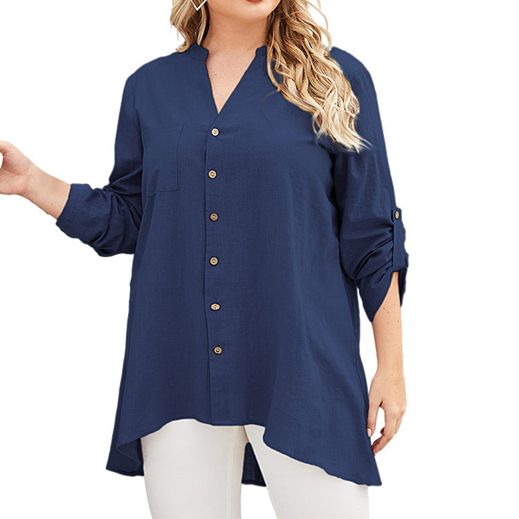 [W-Ropa] Camisa Con Cuello En V De Talla Grande Nueva Moda Casual Estampado De Manga Larga