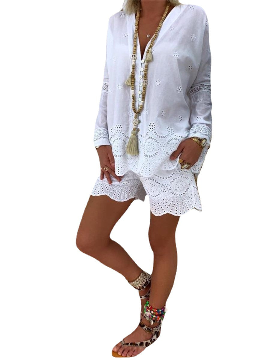 [W-Ropa] 2022 Nuevo Color Sólido Con Cuello En V Ligero Cocido Blanco Estampado Jersey De Manga Larga Traje Para Mujer