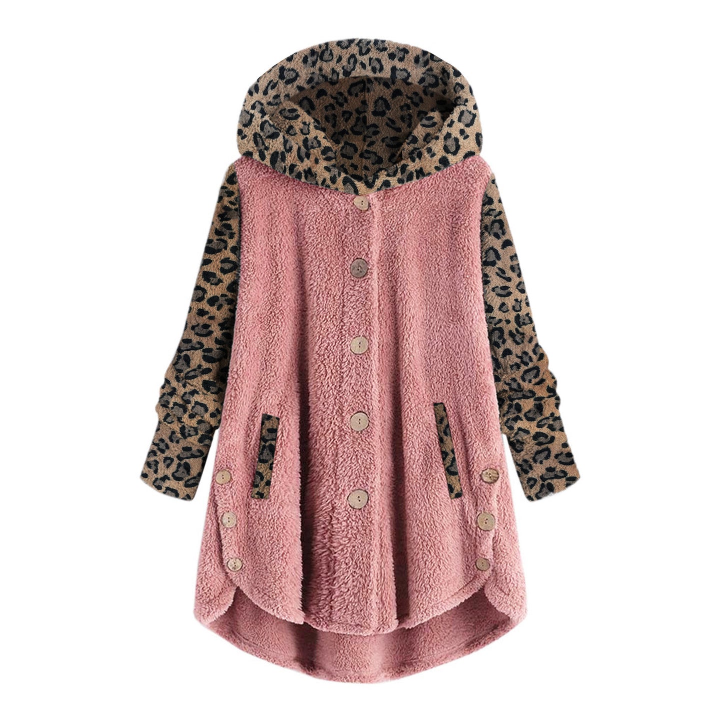 Chaqueta De Felpa De Manga Larga Con Capucha Y Costuras Con Estampado De Leopardo
