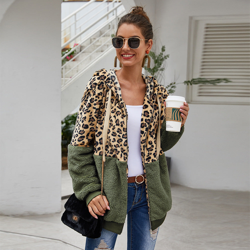 Chaqueta De Moda Con Cremallera Con Capucha Y Estampado De Leopardo
