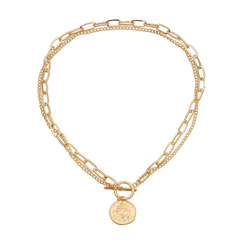 Collar Con Colgante De Cabeza De Marca Redonda Irregular De Moda Collar De Cadena Doble Simple Para Mujer