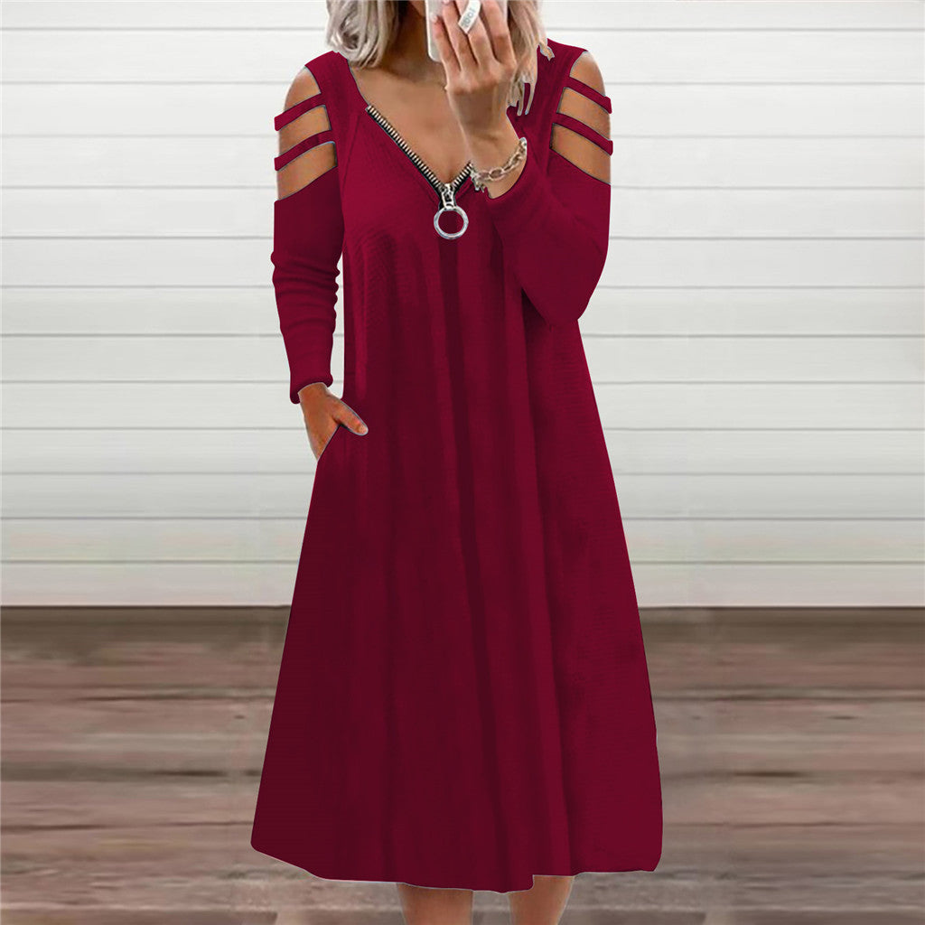 Vestido De Manga Larga De Color Sólido Con Cuello En V Y Cremallera