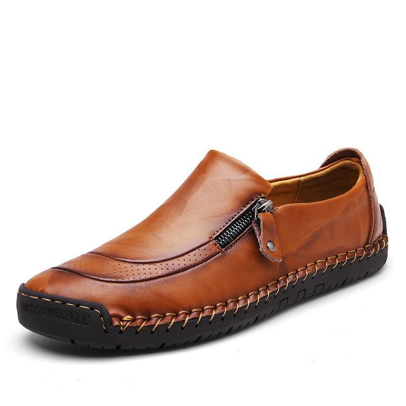 Zapatos de cuero con cremallera y pespuntes a mano slip on para hombres y mujeres - MXbueno
