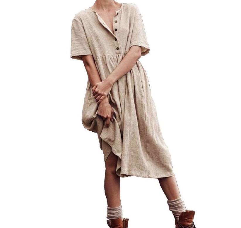 Vestido liso de algodón y lino de manga corta para mujer