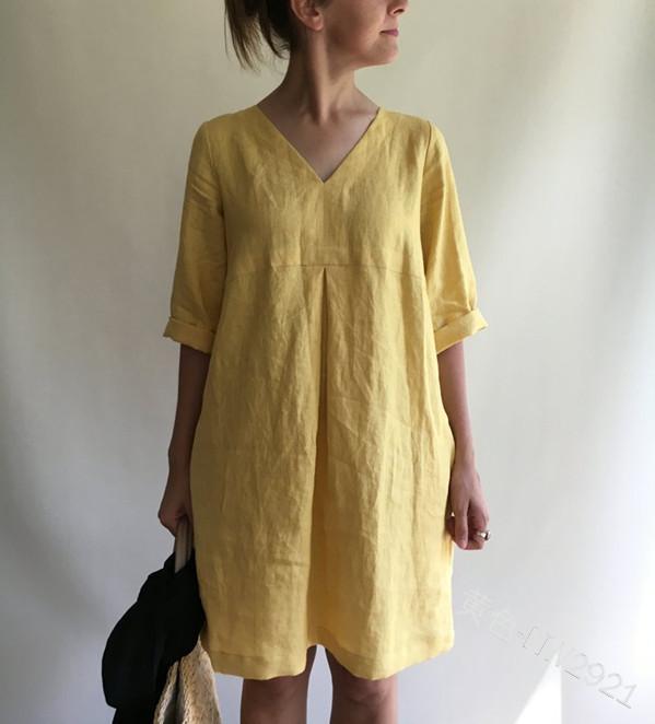 ¡VENTA!  Vestido suelto de algodón y lino en color liso con cuello en V