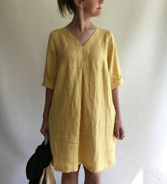 ¡VENTA!  Vestido suelto de algodón y lino en color liso con cuello en V