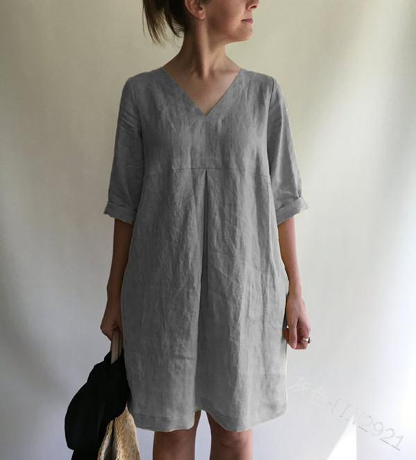 ¡VENTA!  Vestido suelto de algodón y lino en color liso con cuello en V