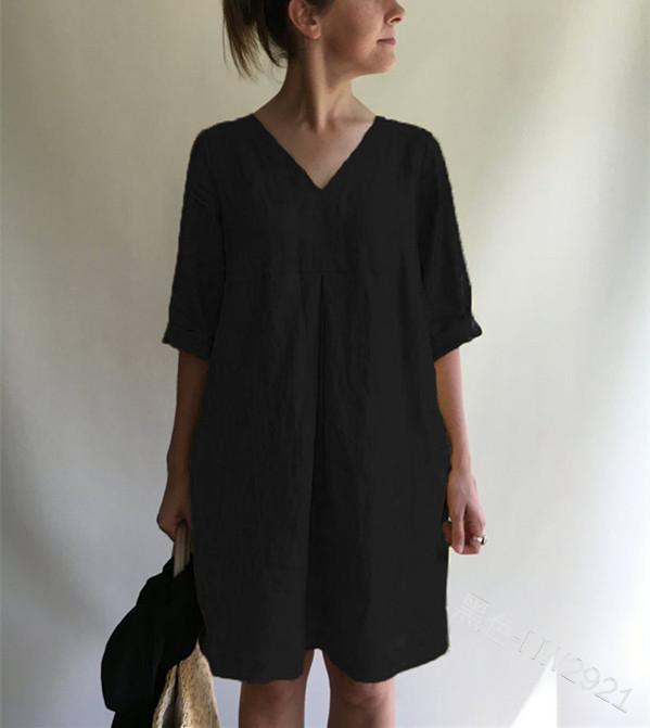 ¡VENTA!  Vestido suelto de algodón y lino en color liso con cuello en V