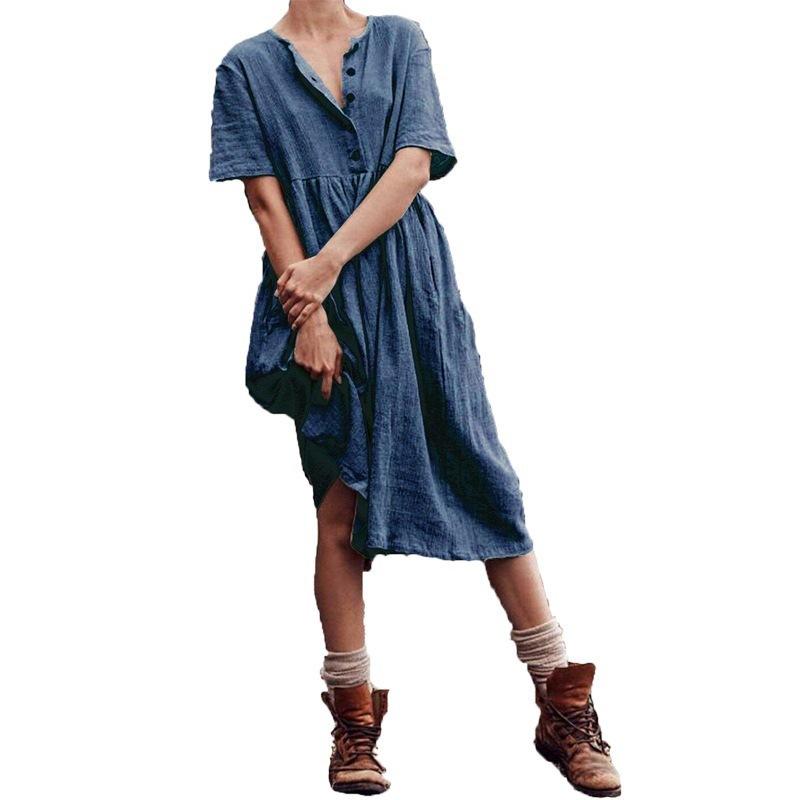 Vestido liso de algodón y lino de manga corta para mujer