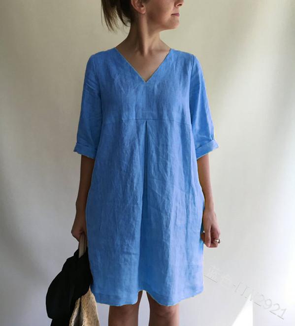 ¡VENTA!  Vestido suelto de algodón y lino en color liso con cuello en V